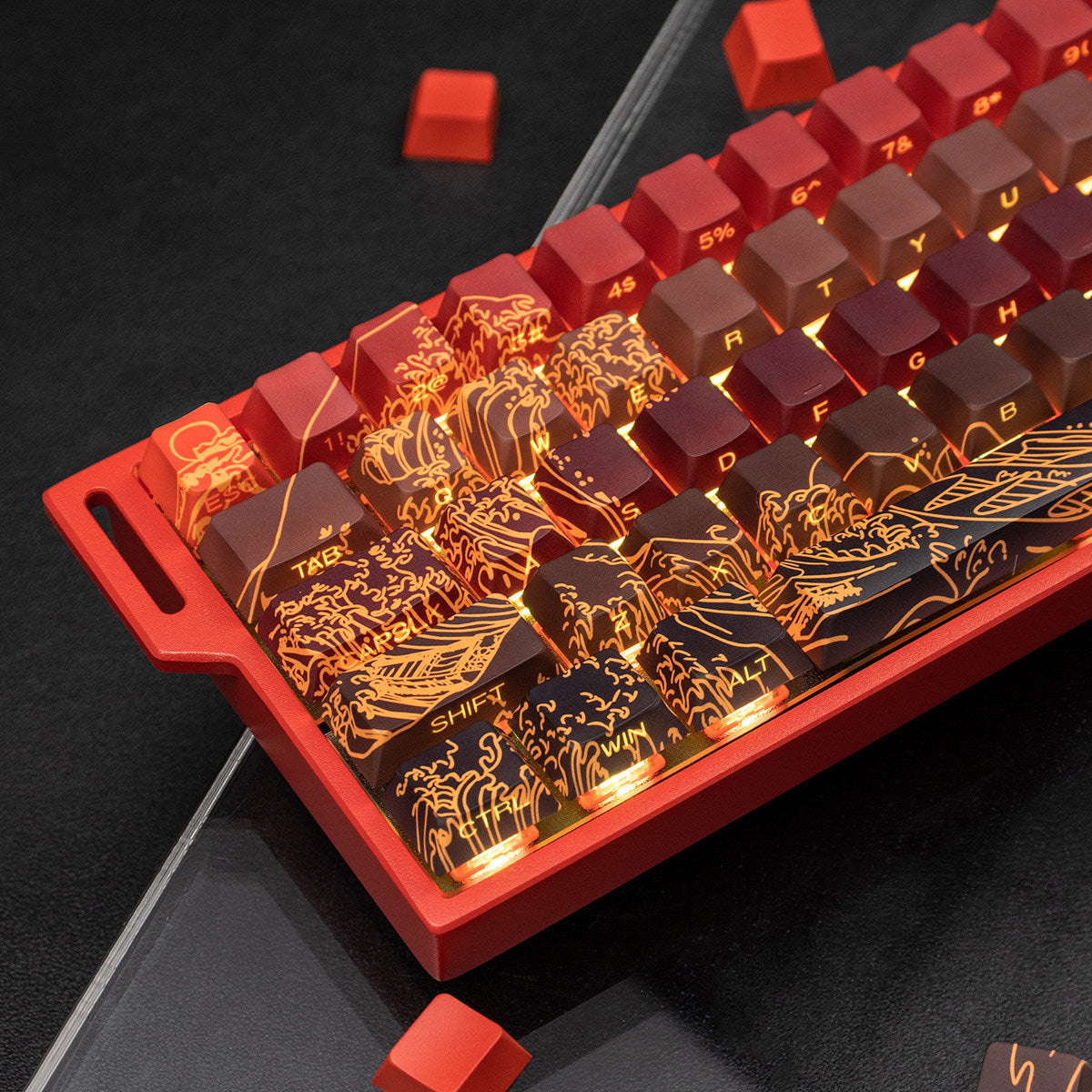 Ukiyo-e Theme Side-Lit Shine Through Keycaps White Red Black keycaps