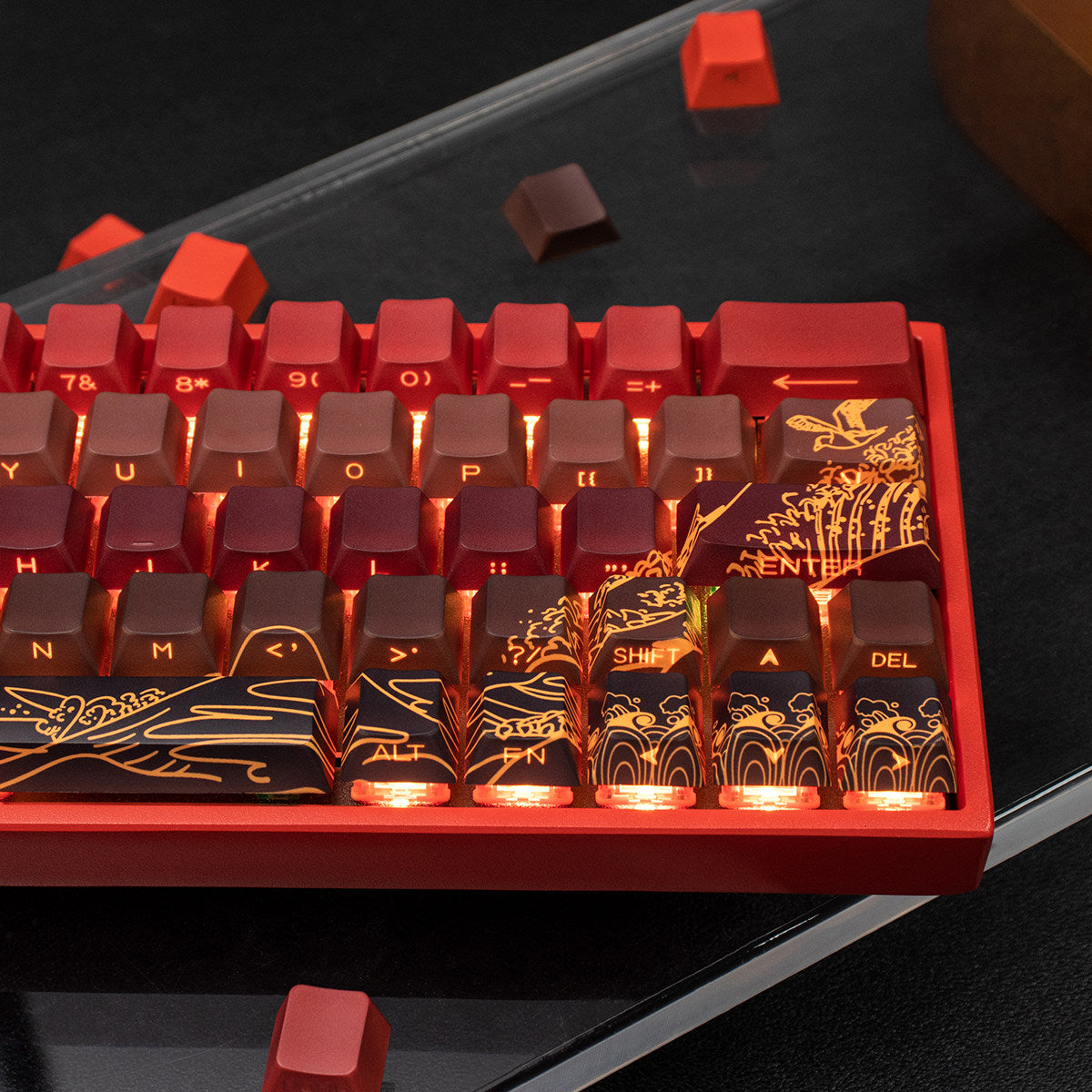 Ukiyo-e Theme Side-Lit Shine Through Keycaps White Red Black keycaps
