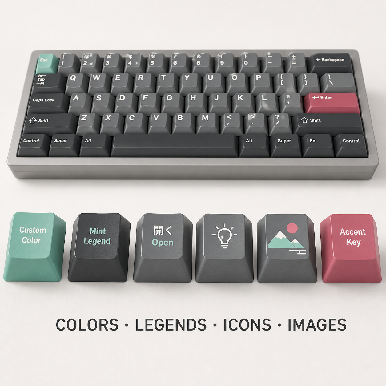 Custom keycap colors, legends, icons and uploaded images