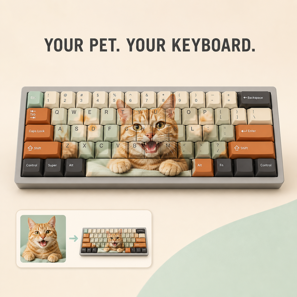 Pet photo uploaded and printed across a custom keycap set