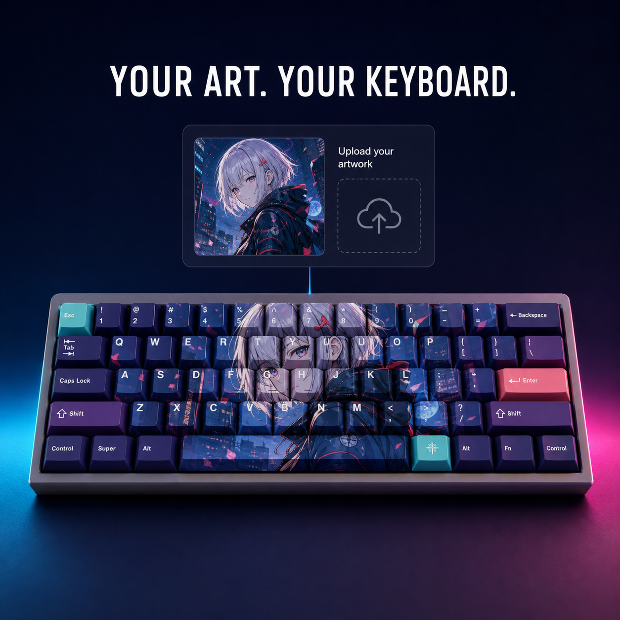 Original anime-style artwork uploaded to a custom keycap set