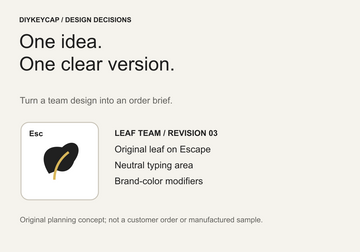 Original planning concept of an Escape-key leaf motif and a revision-03 team design brief; not a manufactured sample or customer project.