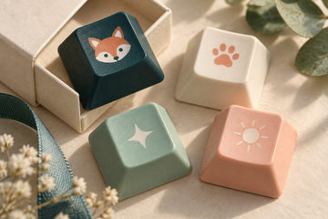 AI-generated concept of fox mascot, paw, star and sun artwork on gift keycaps