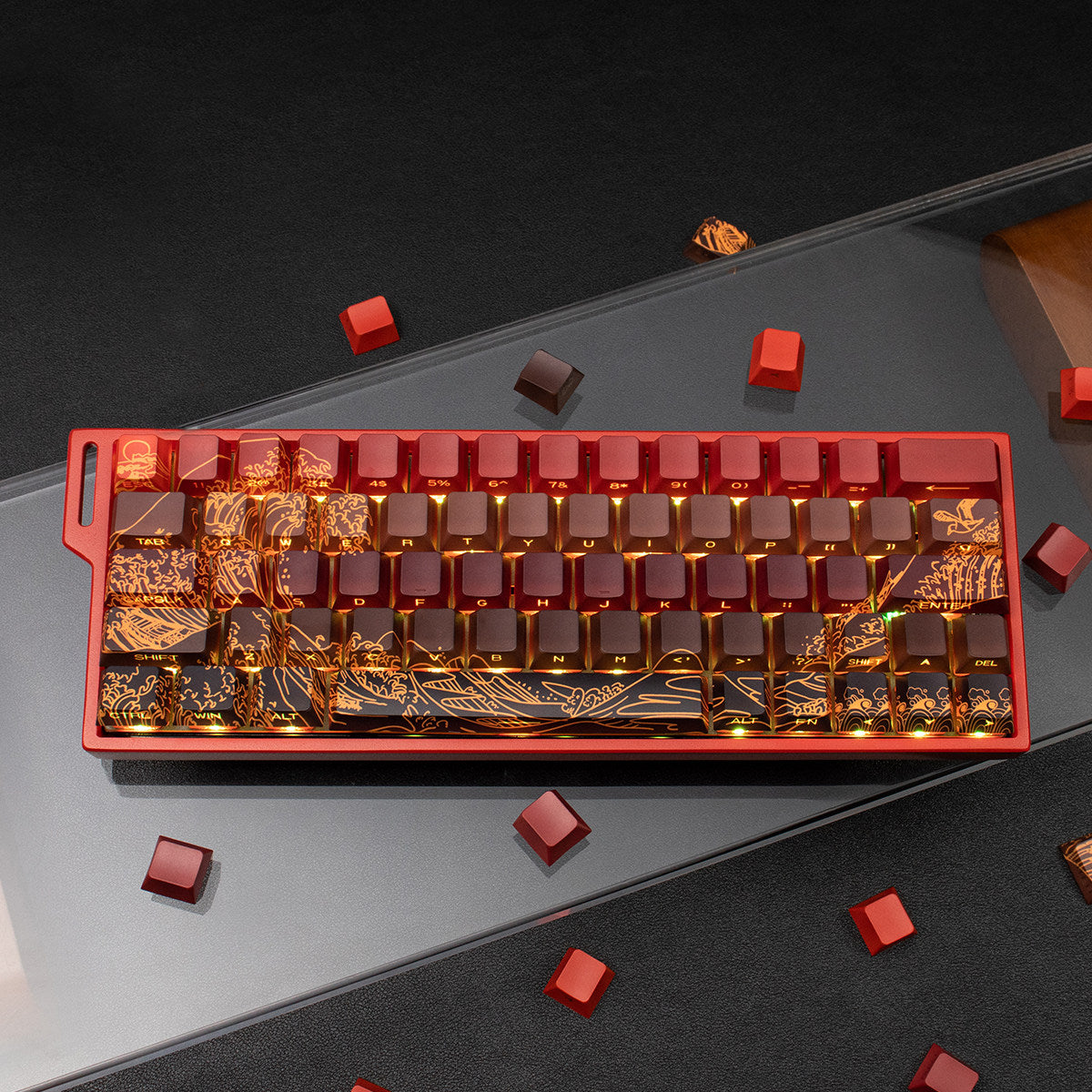 Ukiyo-e Theme Side-Lit Shine Through Keycaps White Red Black keycaps - Diykeycap