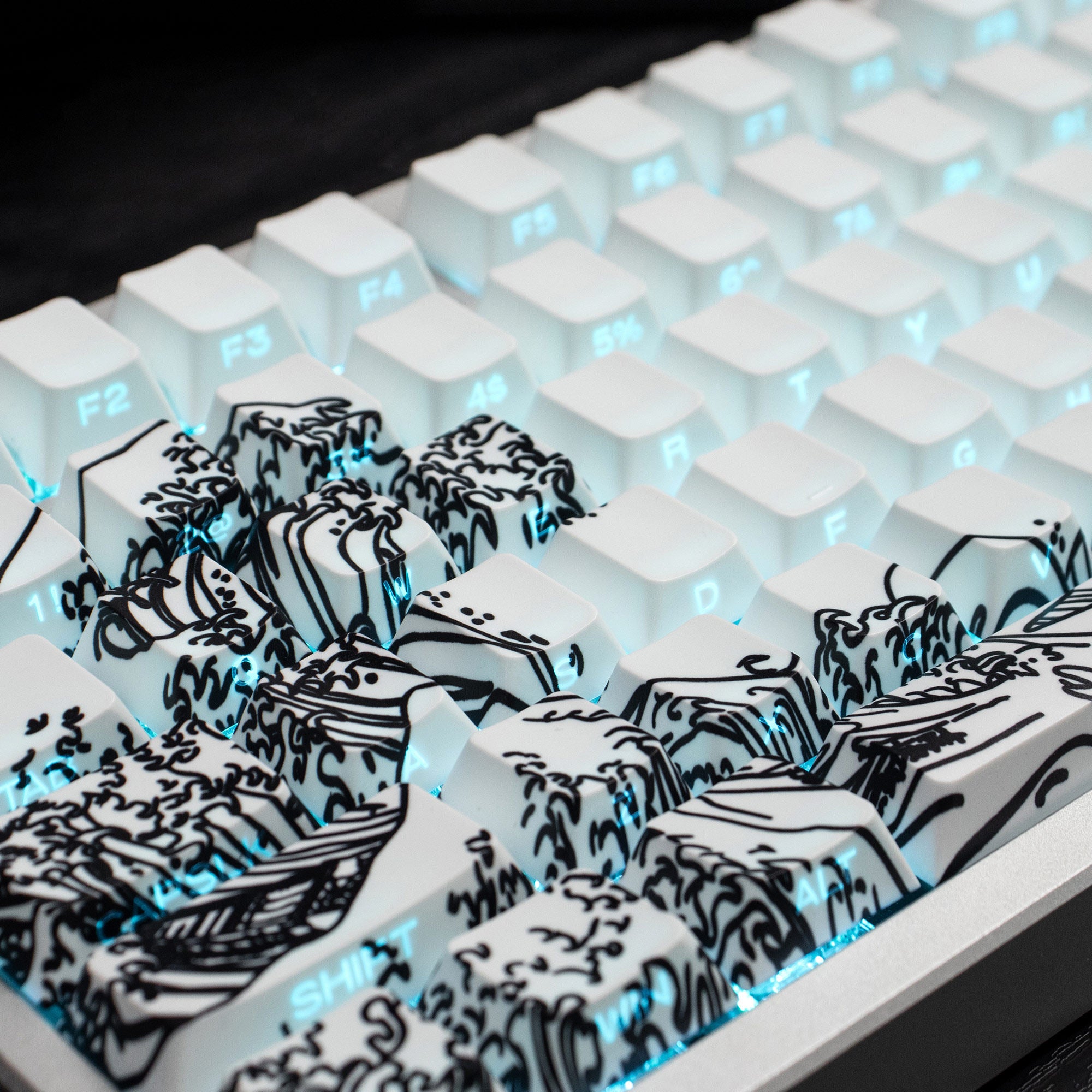 Ukiyo-e Theme Side-Lit Shine Through Keycaps White Red Black keycaps