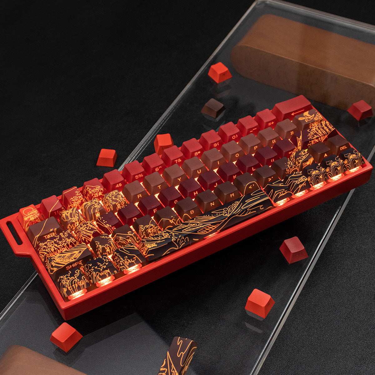 Ukiyo-e Theme Side-Lit Shine Through Keycaps White Red Black keycaps - Diykeycap