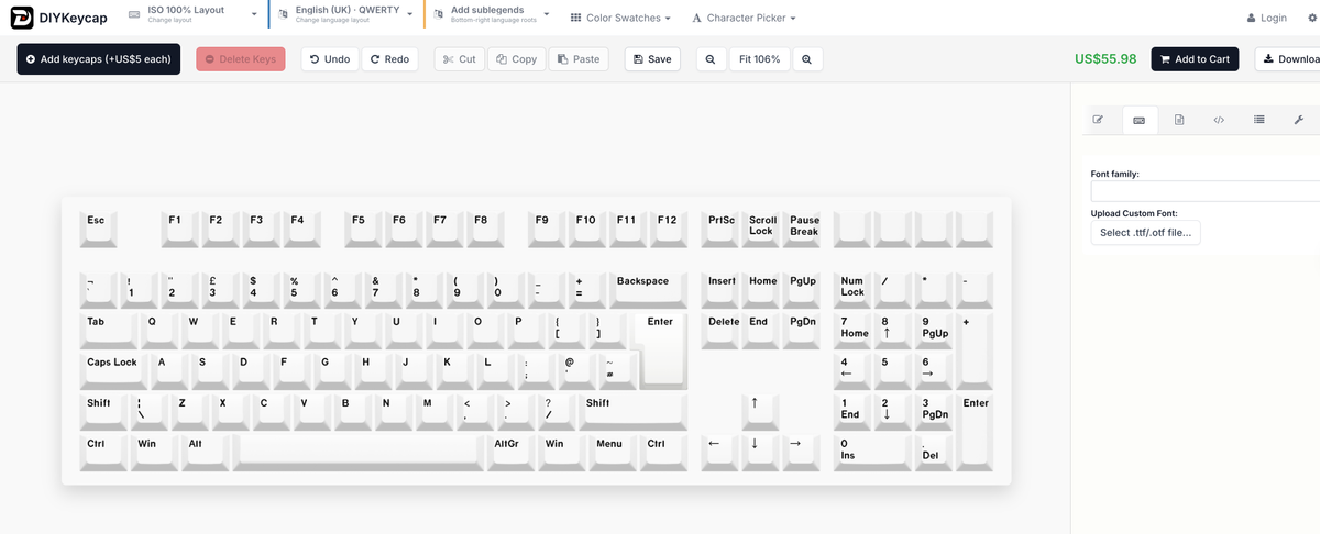 Actual DIYKeycap 2D editor with UK ISO legends and custom font upload; design preview
