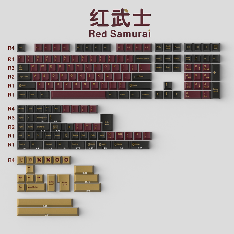 173 key ABS Double Shot Blue/Red Samurai Keycaps - Diykeycap