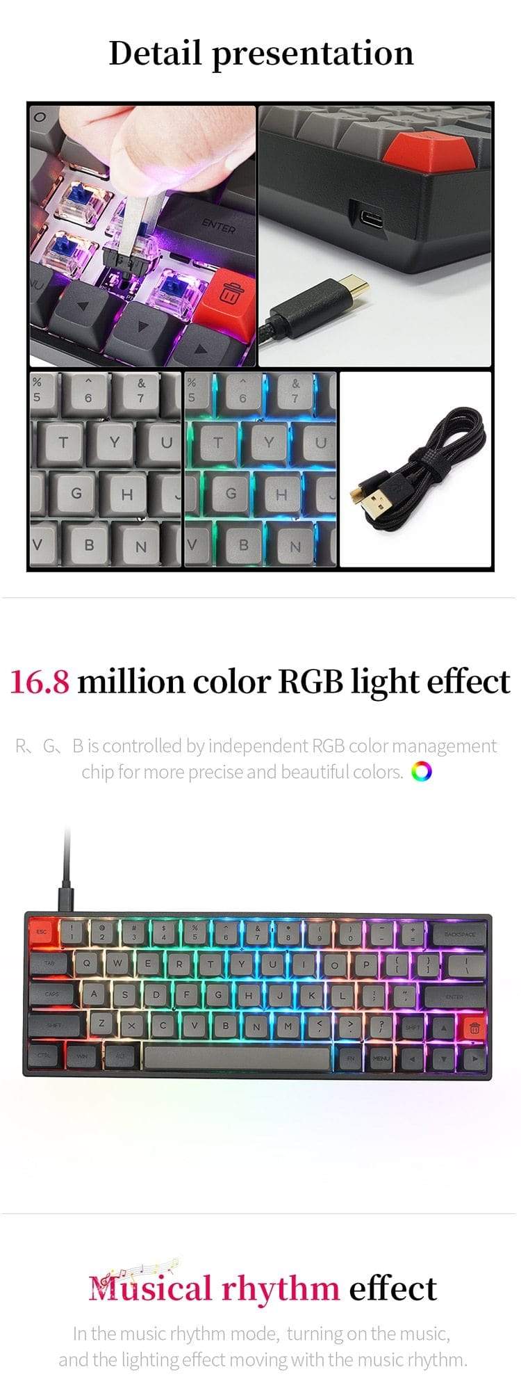 SK64 Gateron Optical Red hot Swappable Switch Dye Sub PBT Keycaps Bluetooth Mechanical Keyboard Wire Separation rgb leds type - Diykeycap